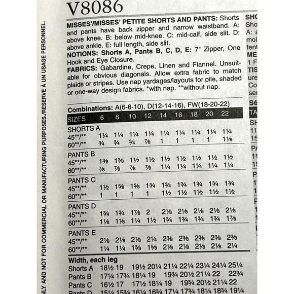 Vogue Pattern 8086 shorts pants capri size 12 14 16 - Picture 5 of 8